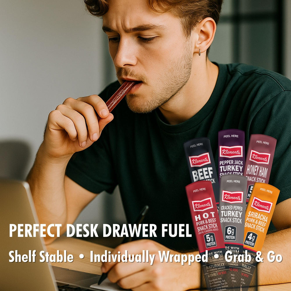 Jerky.com meat stick in hand illustrating portable, pocket-friendly snack