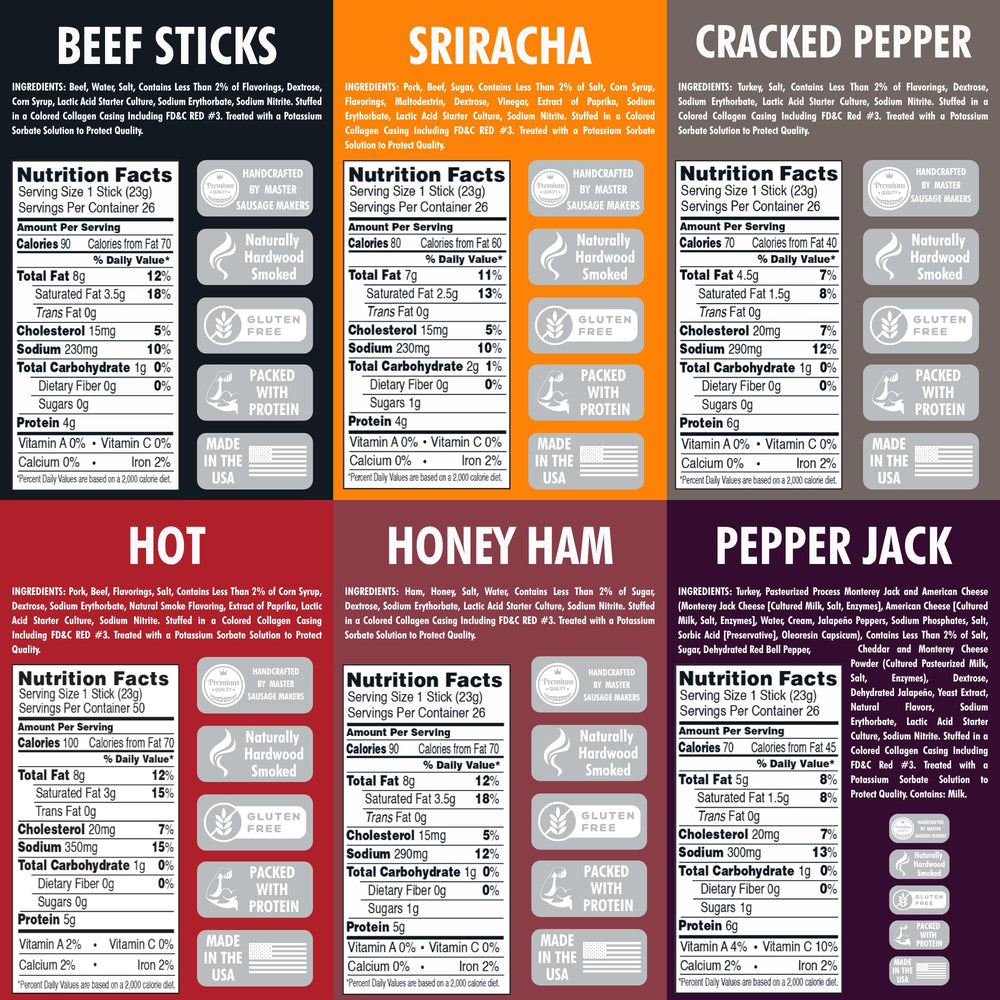 Jerky.com multiple sticks lined up to show assortment and portion control