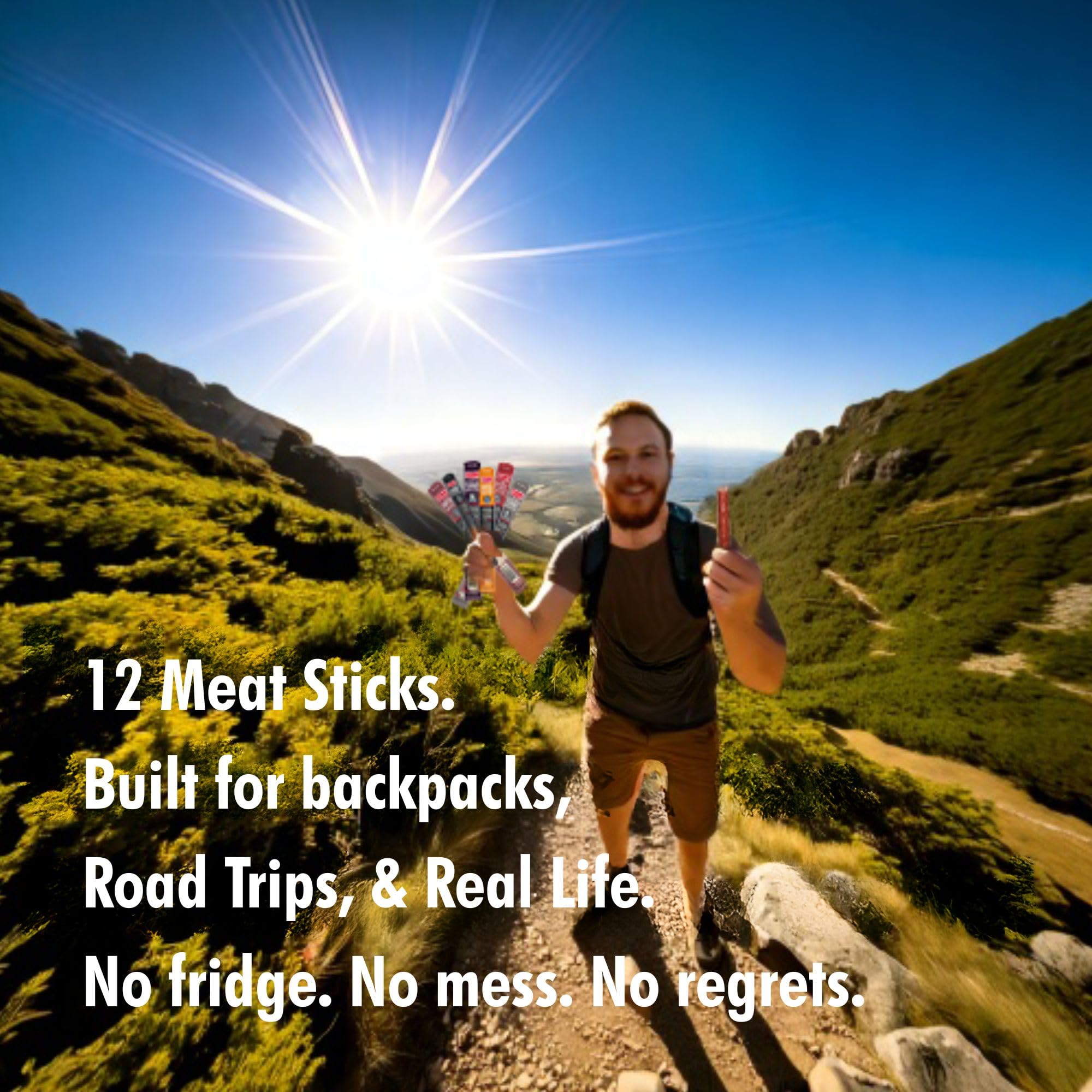 Jerky.com pack inside backpack showing travel-friendly protein boost