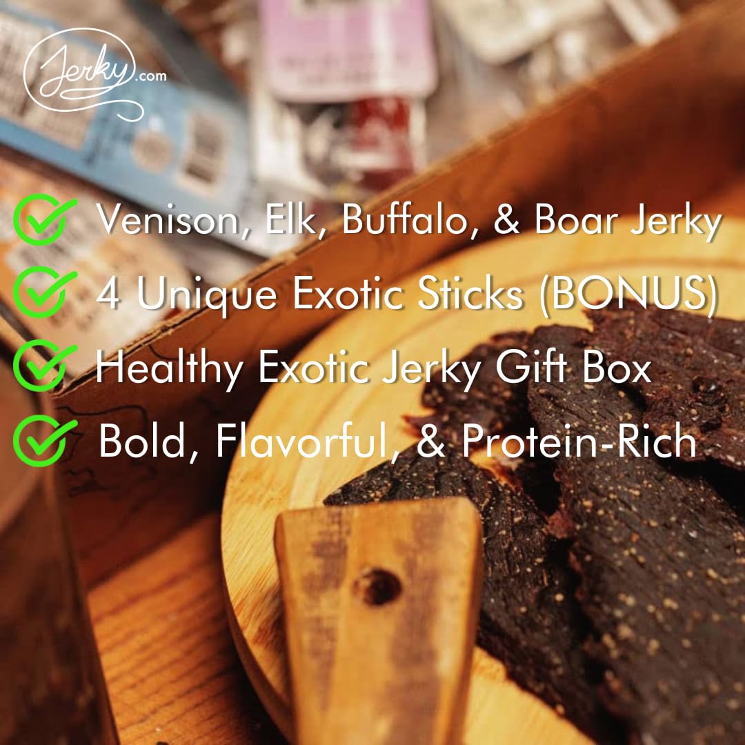 Jerky.com venison jerky close-up highlighting lean texture and rich flavor benefit