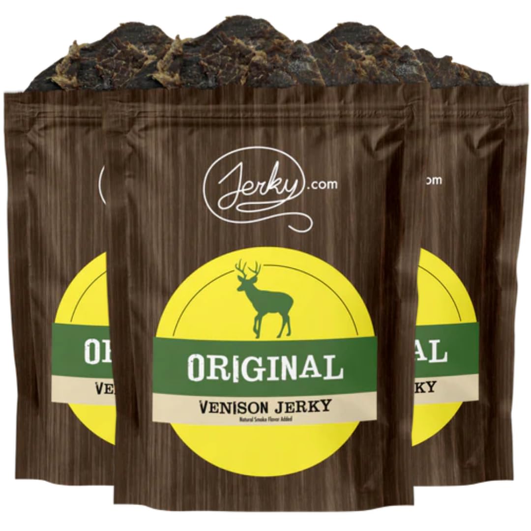 Jerky.com venison front packaging showing three resealable bags and branding, convenient snack
