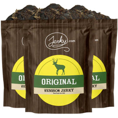 Jerky.com venison front packaging showing three resealable bags and branding, convenient snack