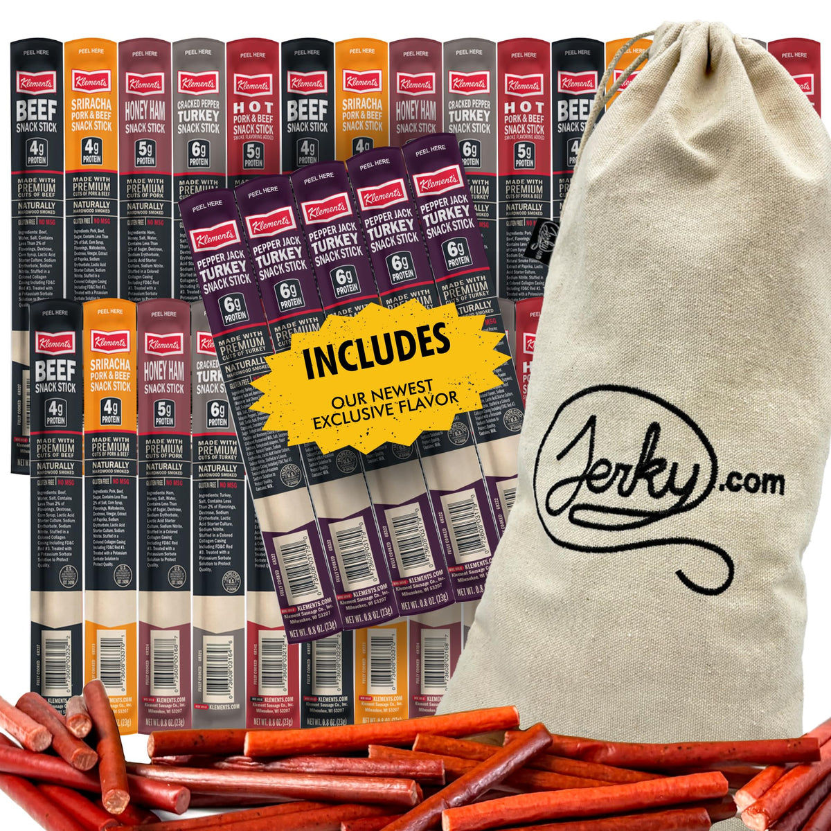Jerky.com front packaging showing 30 meat sticks and embroidered bag, great presentation