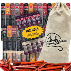 Jerky.com front packaging showing 30 meat sticks and embroidered bag, great presentation