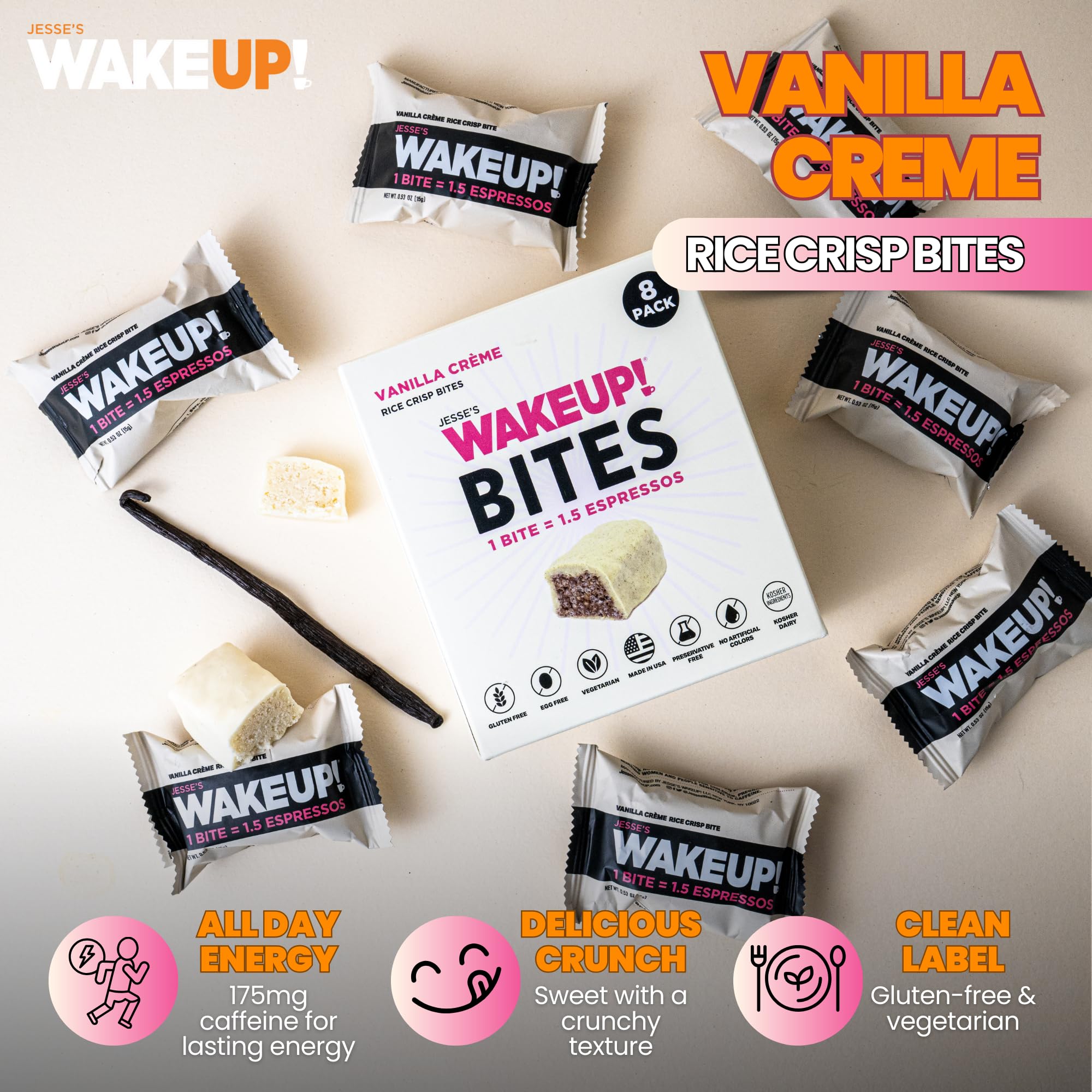 Jesse's WakeUP! close-up of vanilla crème coating highlighting creamy taste