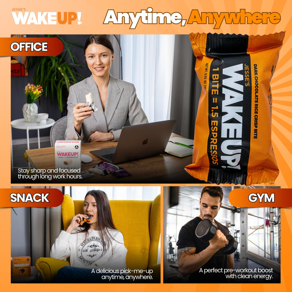 Jesse's WakeUP! bite held in hand illustrating portable, grab-and-go energy