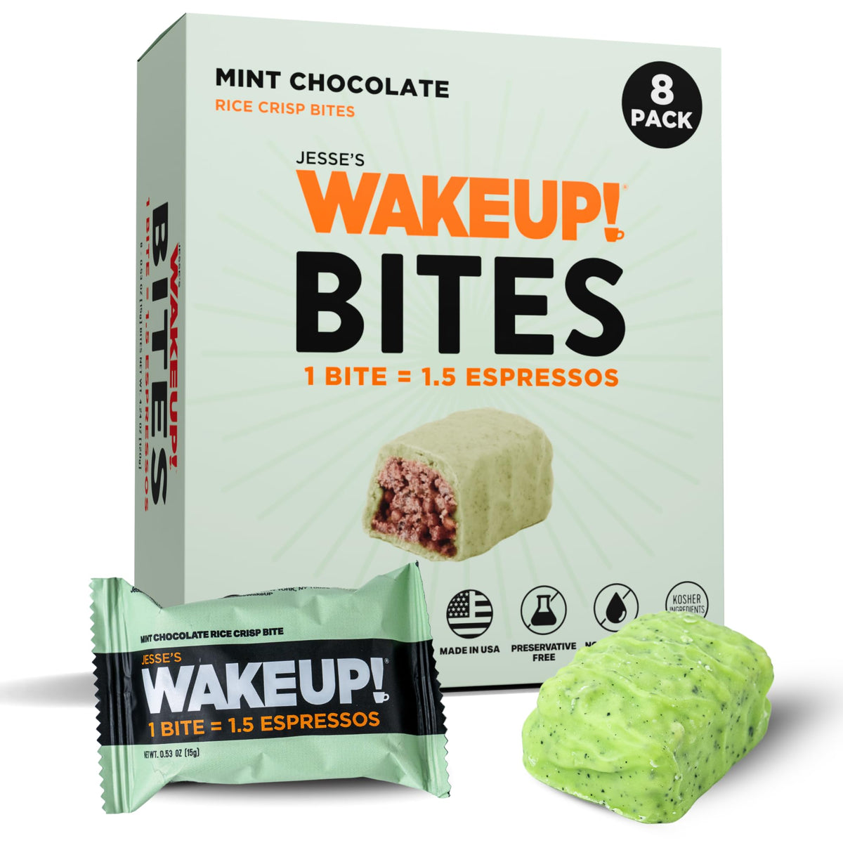 Jesse's WakeUP! front packaging showing mint chocolate energy bites and convenience
