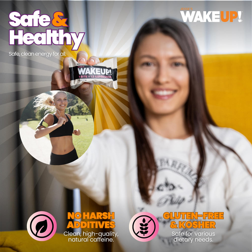 Jesse's WakeUP! open pack with visible bites for easy grab-and-go energy