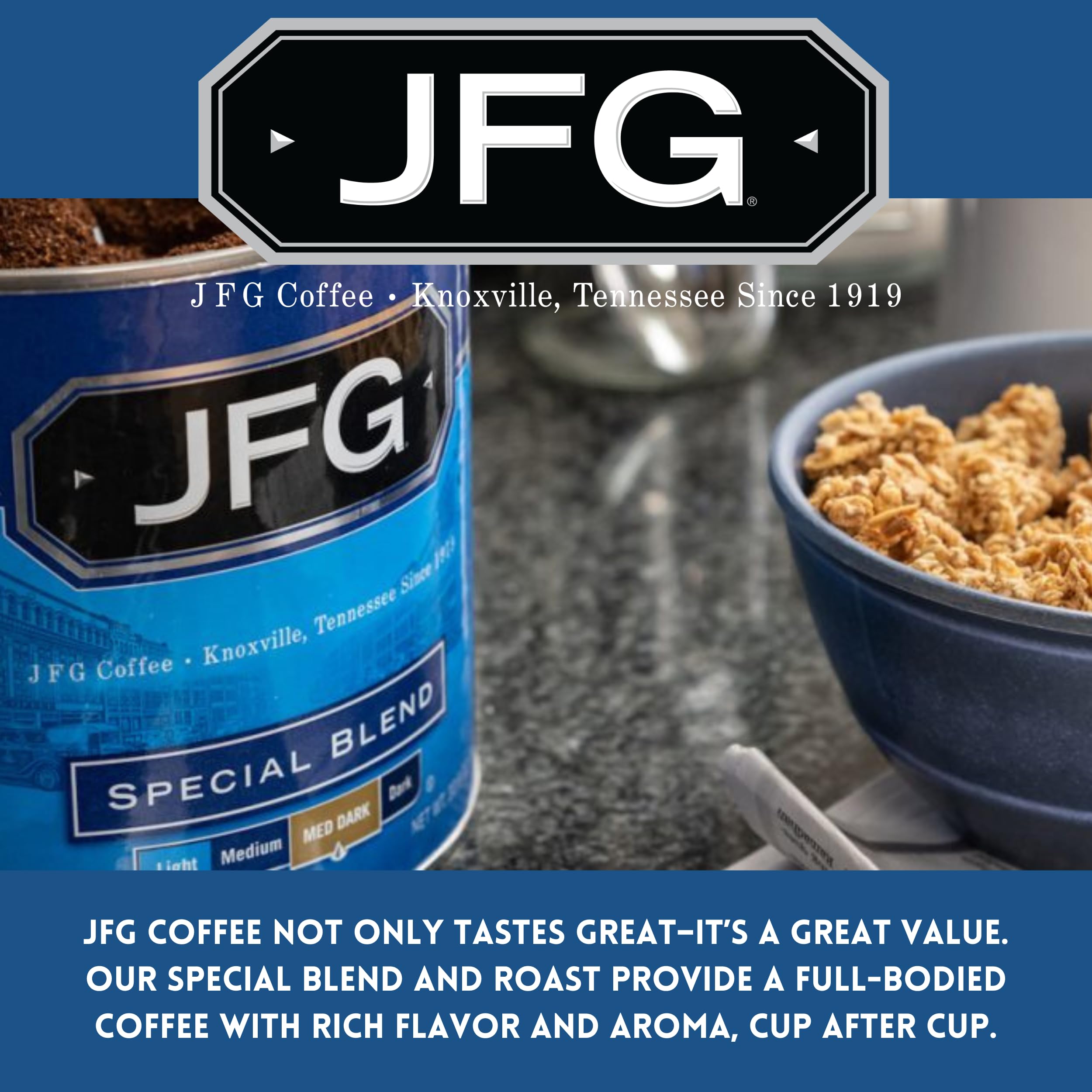 JFG label close-up displaying roast and origin information for informed choice