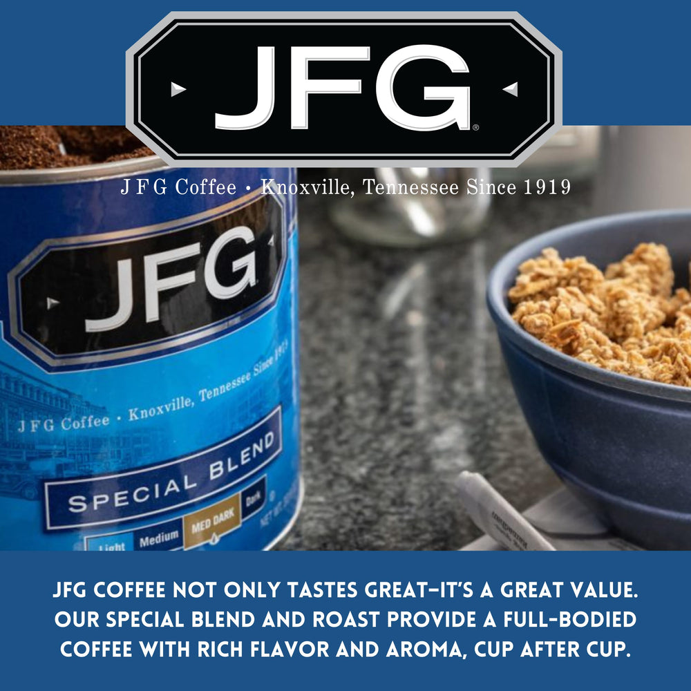 JFG label close-up displaying roast and origin information for informed choice