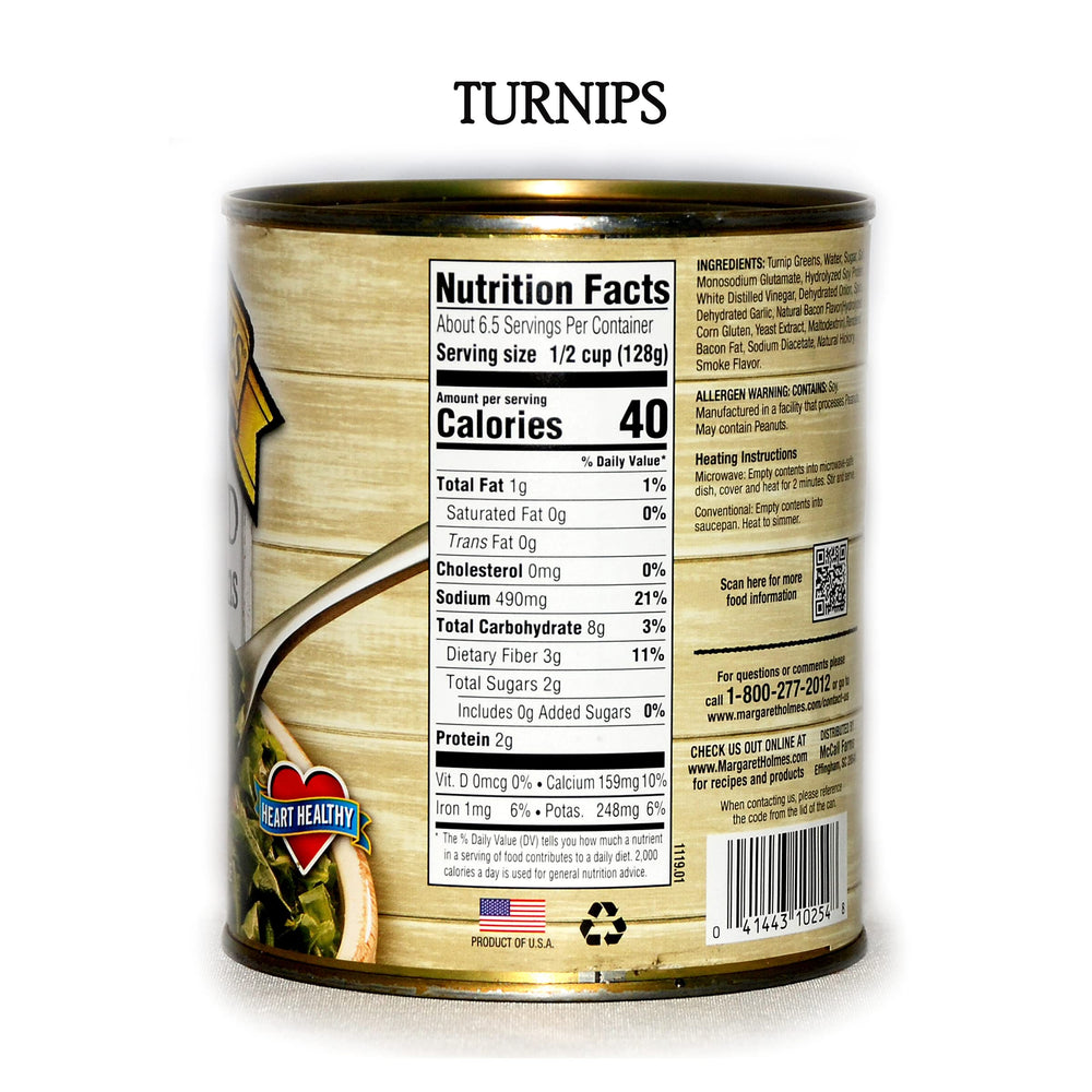 jfs Margaret Holmes turnip greens label close-up, sharp flavor option