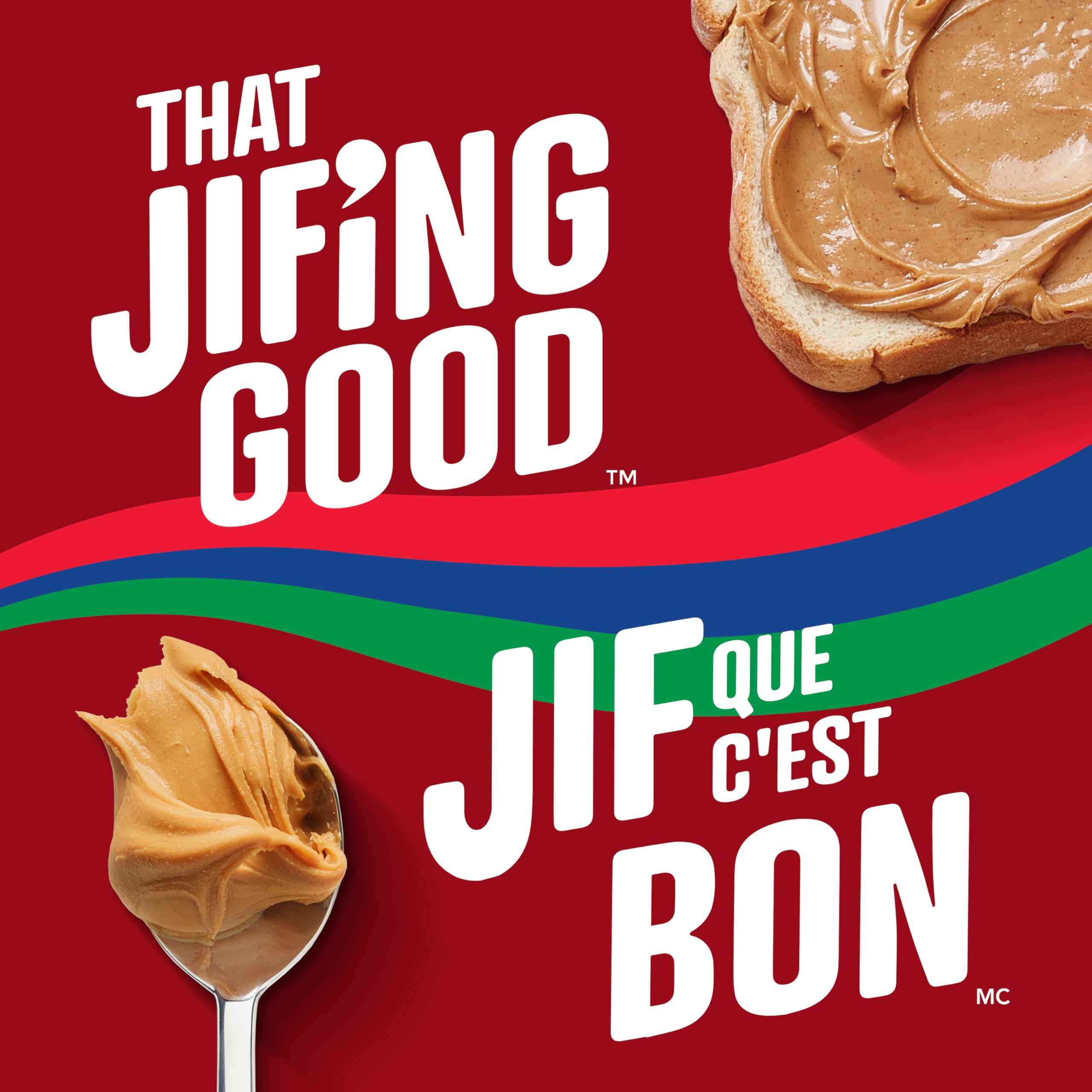 Spoon scooping creamy Jif peanut butter to show smooth texture and easy spreading