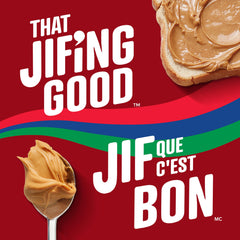 Spoon scooping creamy Jif peanut butter to show smooth texture and easy spreading