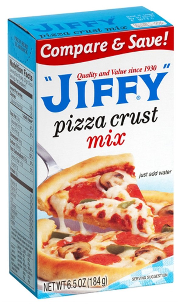 Jiffy pizza crust front package showing easy mix and quick prep benefit