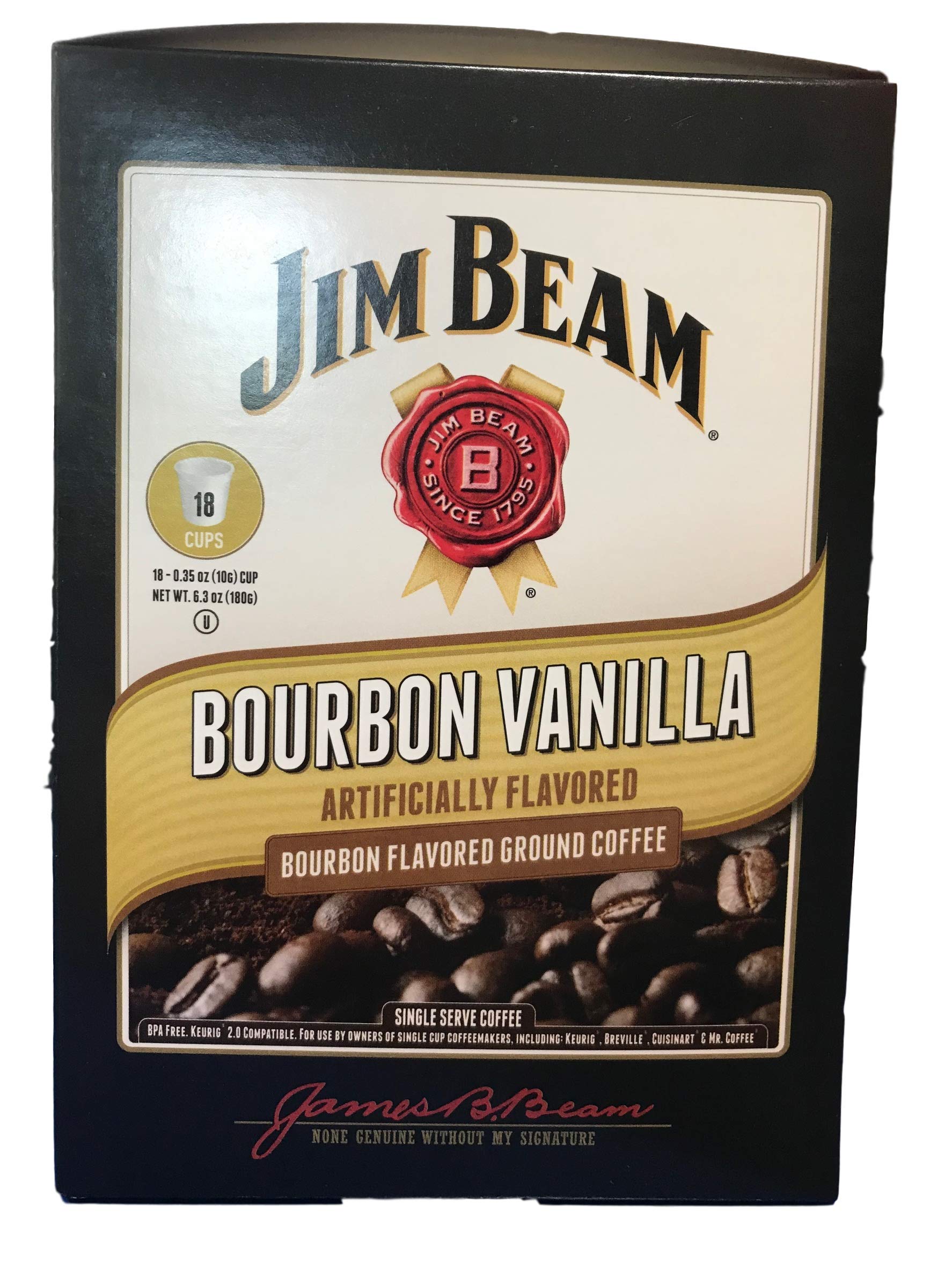 Jim Beam close-up of a single K-Cup pod highlighting foil label and aroma