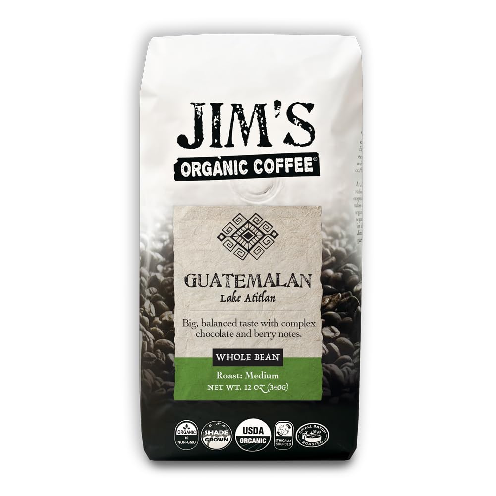 Jim's Organic Coffee front packaging showing bag and label for freshness