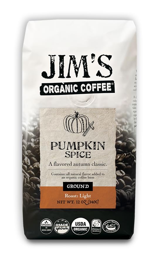 Jim's Organic Coffee front packaging showing seasonal pumpkin spice and 12 oz bag benefit freshness
