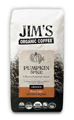 Jim's Organic Coffee front packaging showing seasonal pumpkin spice and 12 oz bag benefit freshness