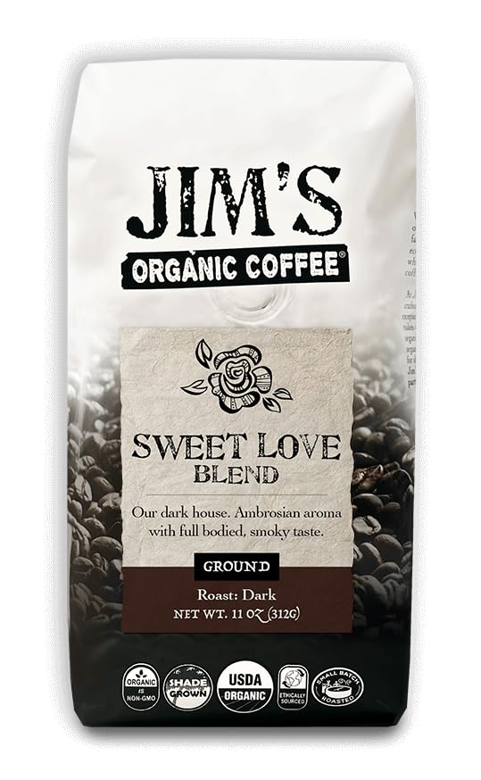 Jim's Organic Coffee front packaging showing bold dark roast label and benefits