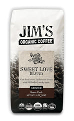 Jim's Organic Coffee front packaging showing bold dark roast label and benefits