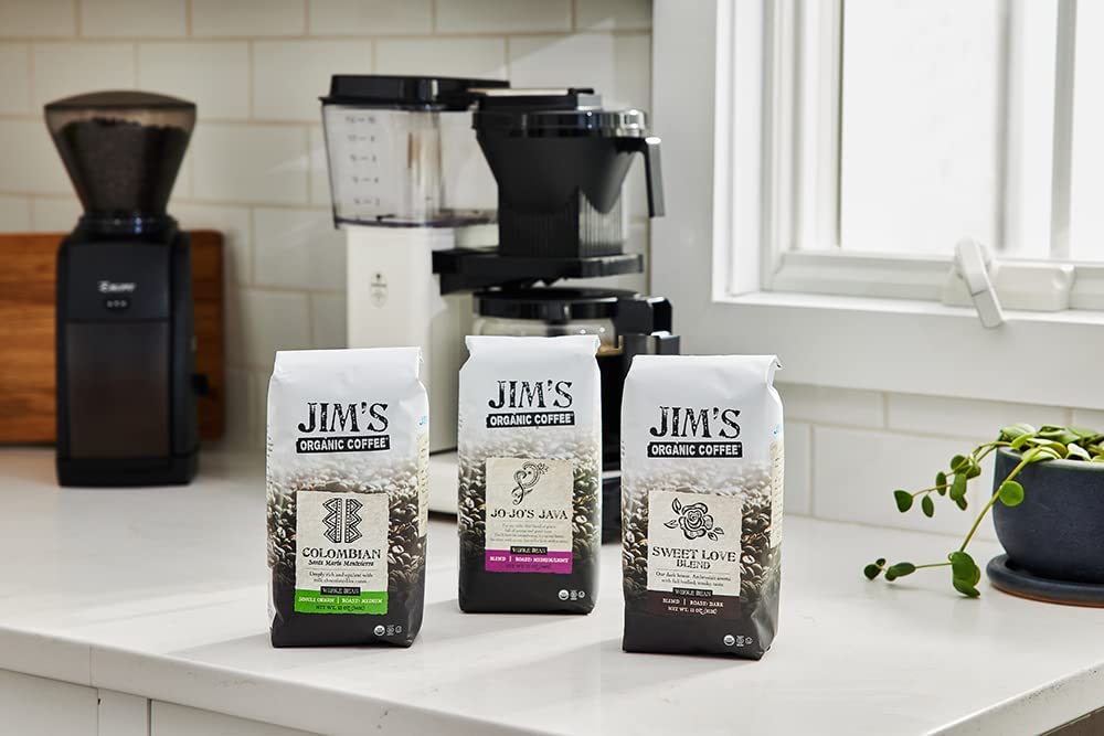 Jim's Organic Coffee poured in mug in kitchen scene showing comforting bold flavor