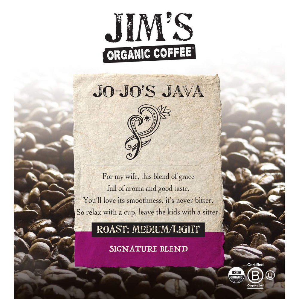 Jim's Organic Coffee ground close-up texture highlighting even grind for balanced brew