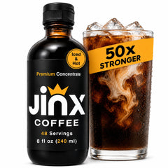 Jinx Coffee front bottle shot showing compact concentrate and bold branding for convenience