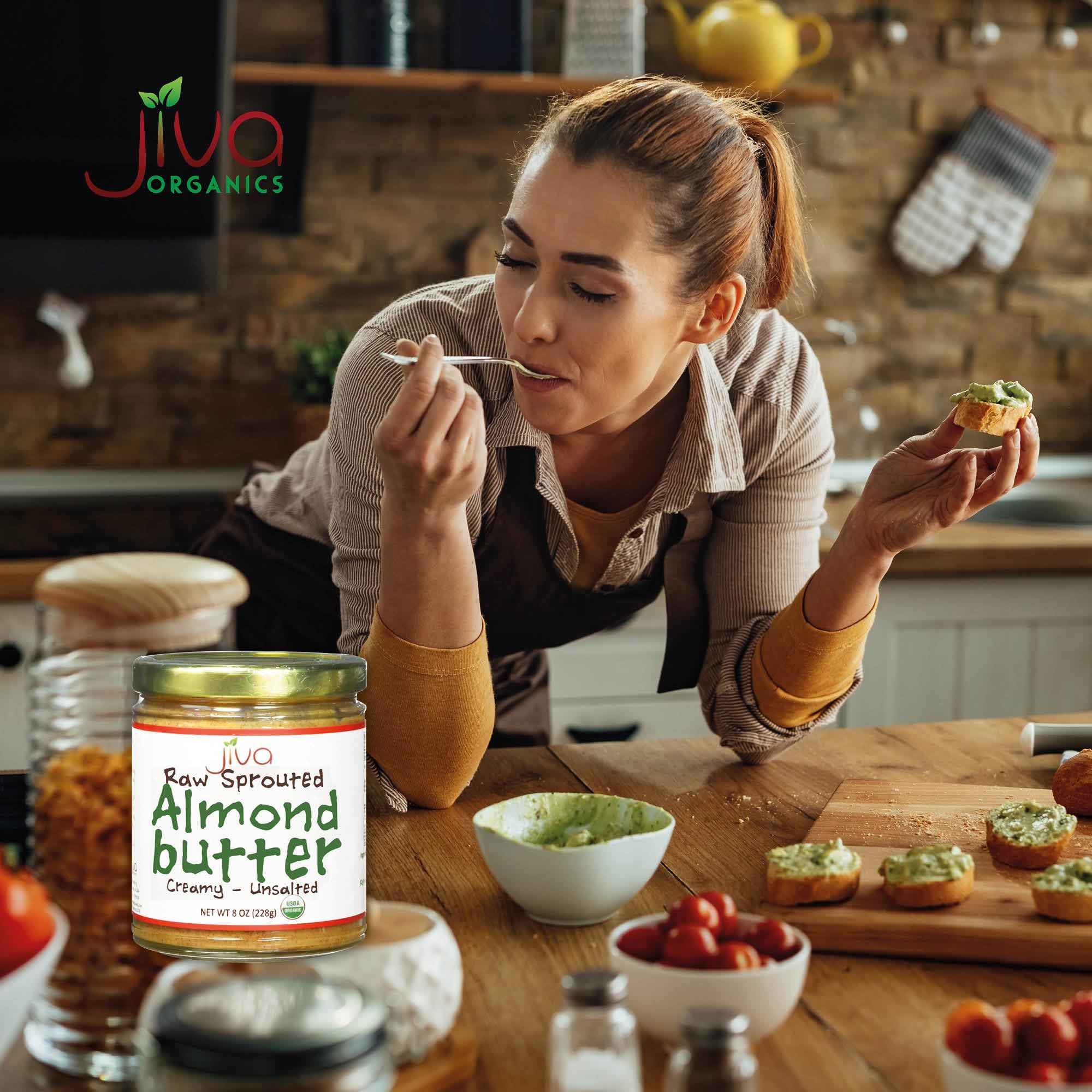 Jiva Organics almond butter spread on toast for wholesome breakfast fuel