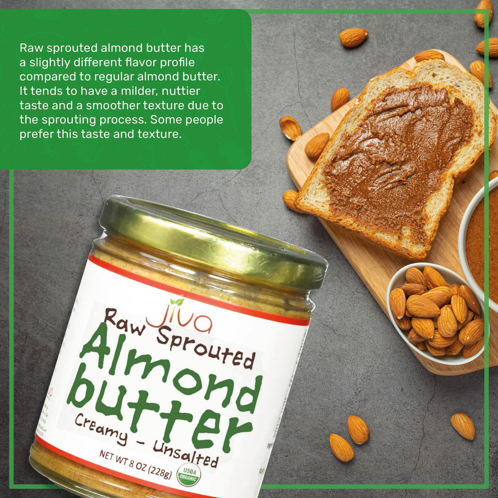 Jiva Organics almond butter on spoon showing easy scoop and smooth consistency