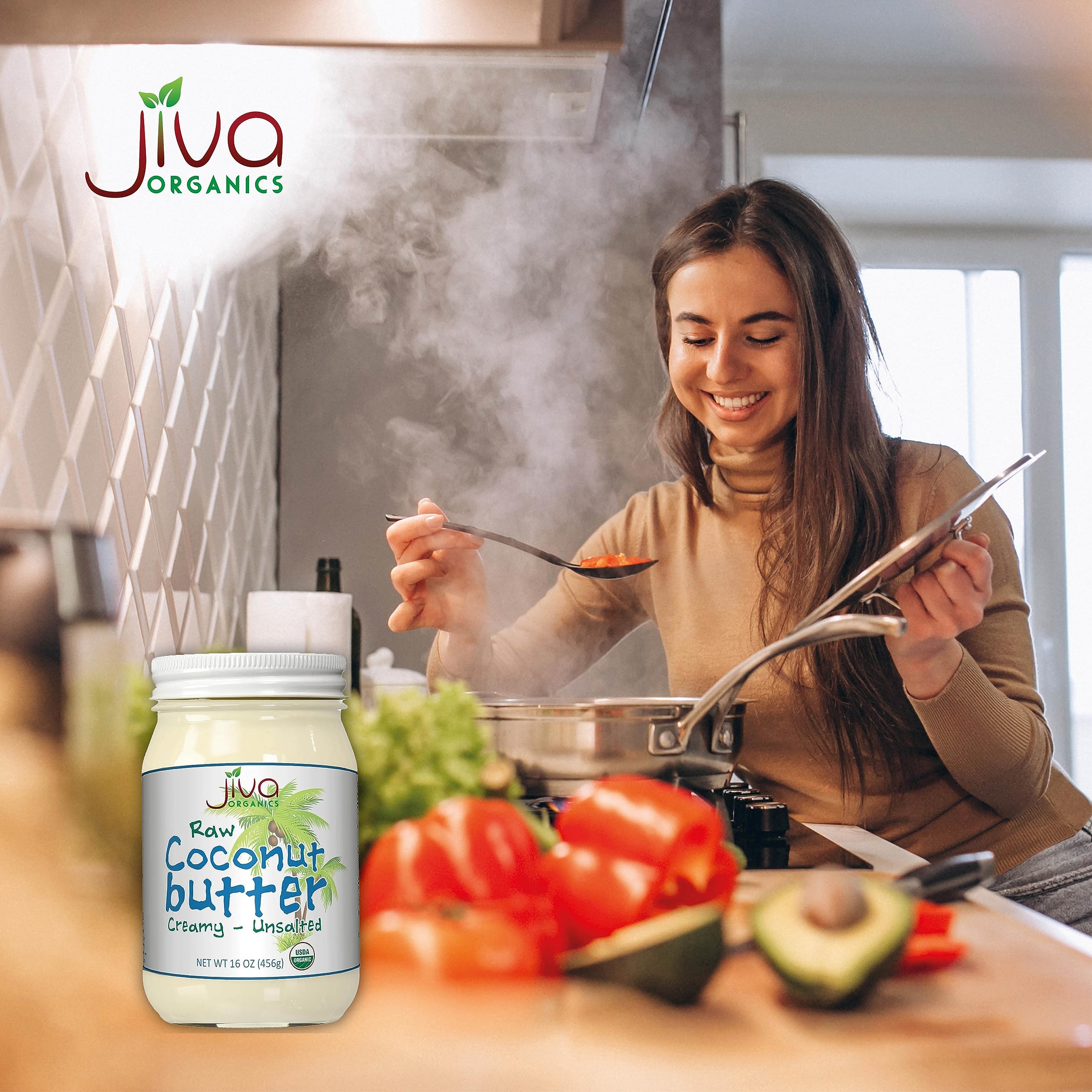 Jiva Organics jar beside baking ingredients showing versatile culinary use