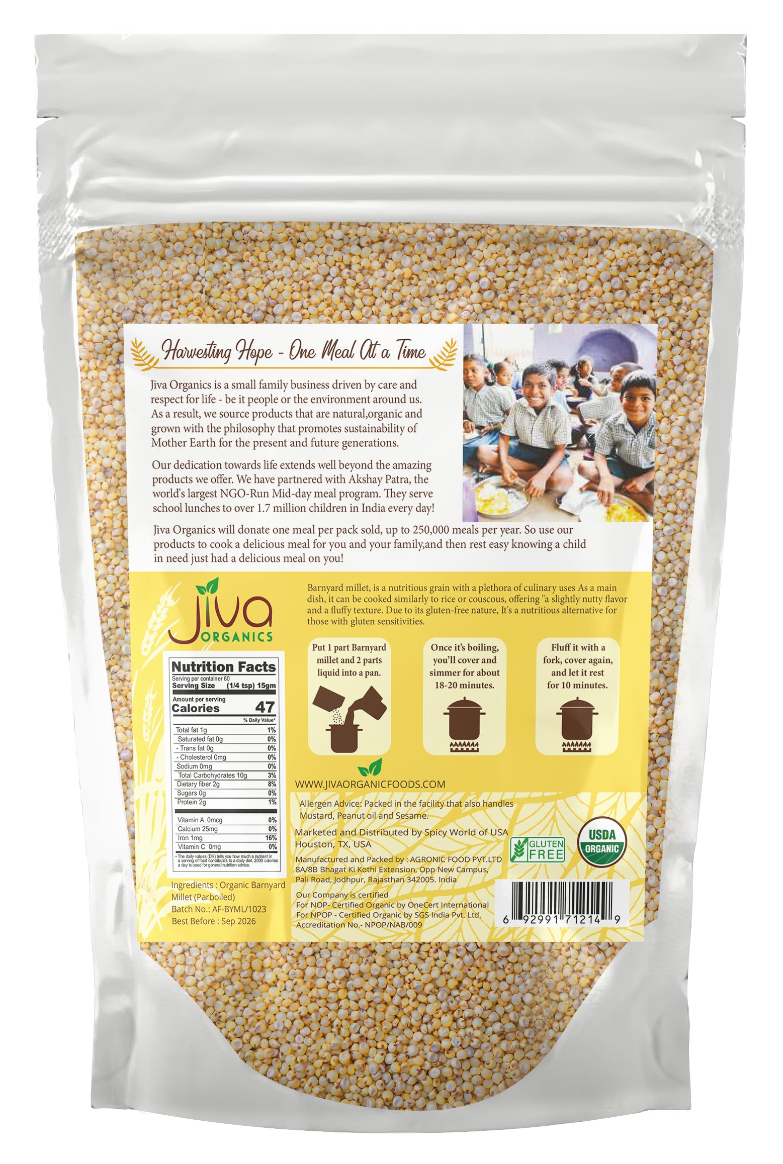 Jiva Organics open bag with raw barnyard millet visible benefit: ready-to-cook whole grains