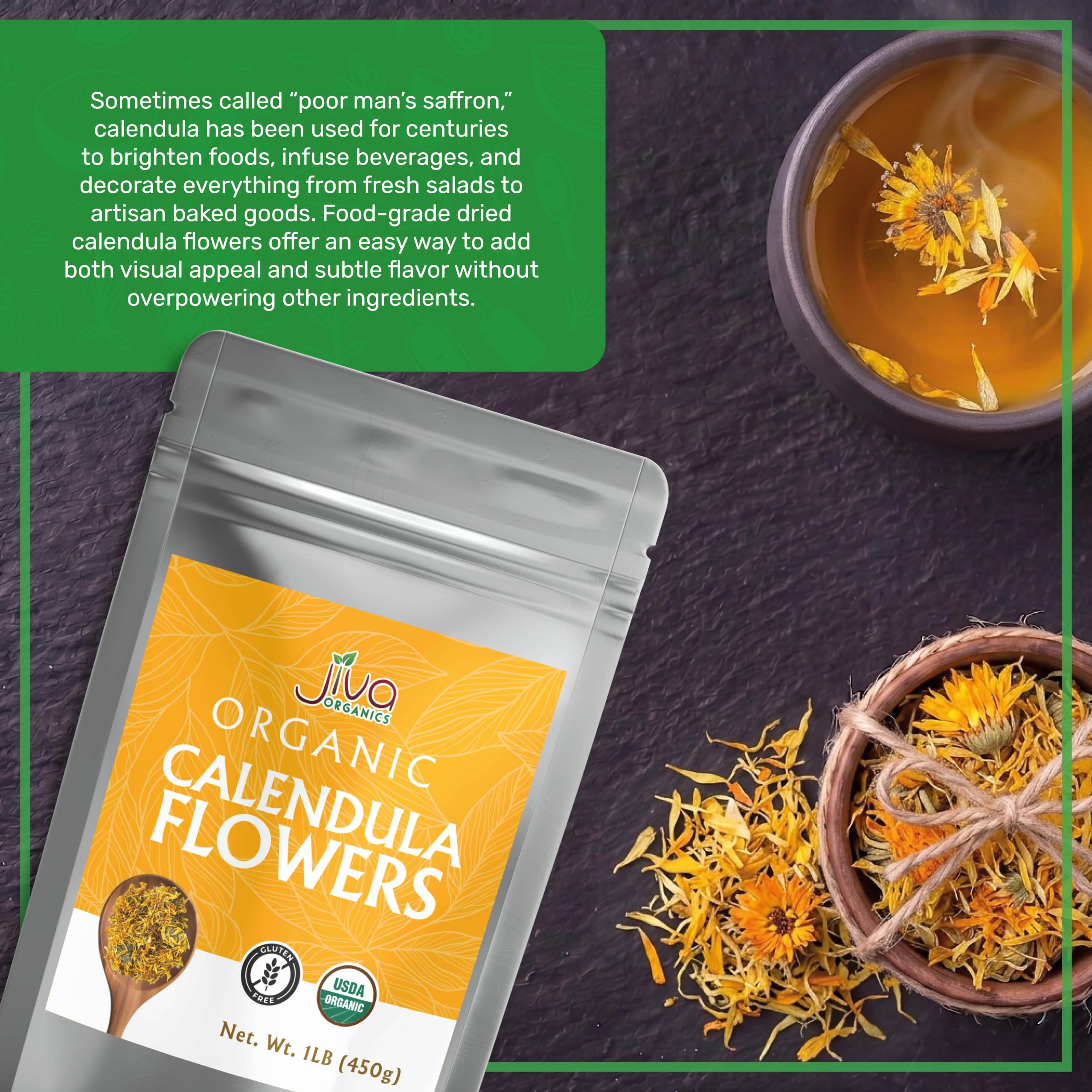 Jiva Organics brewed calendula tea in a cup highlighting calming infusion benefit