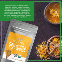 Jiva Organics brewed calendula tea in a cup highlighting calming infusion benefit