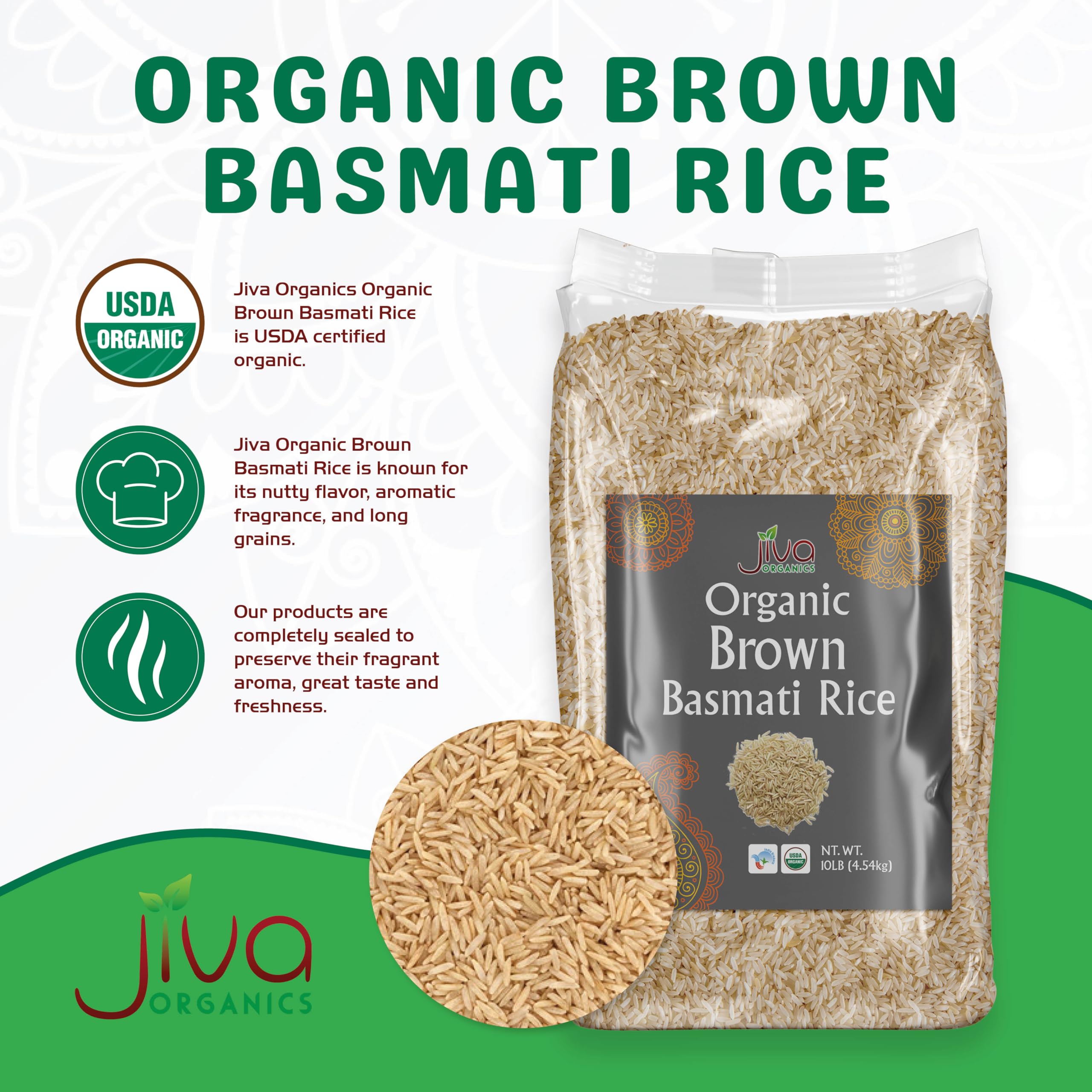 Jiva Organics close-up of long brown basmati grains showing texture and whole-grain benefit