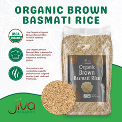 Jiva Organics close-up of long brown basmati grains showing texture and whole-grain benefit