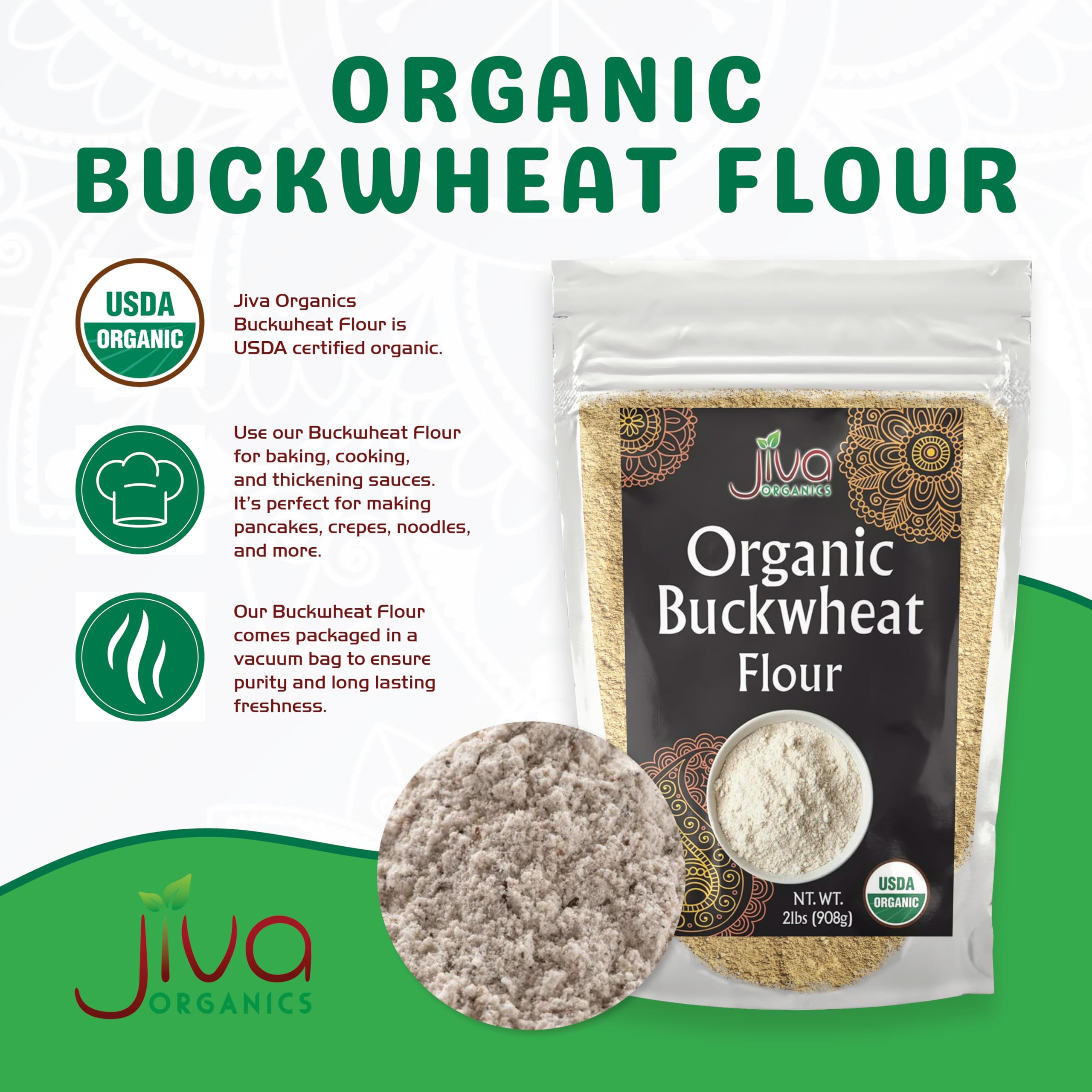 Jiva Organics close-up texture of dark buckwheat flour for hearty baking