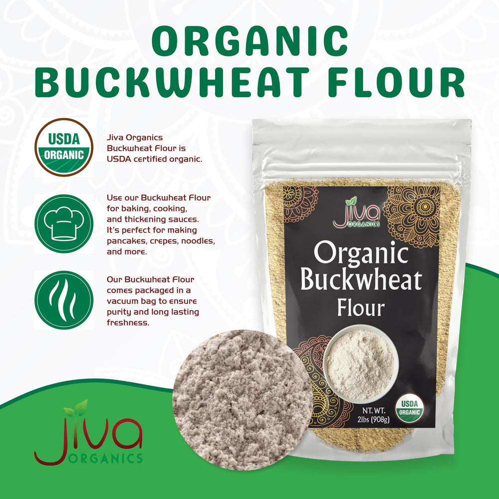 Jiva Organics close-up texture of dark buckwheat flour for hearty baking