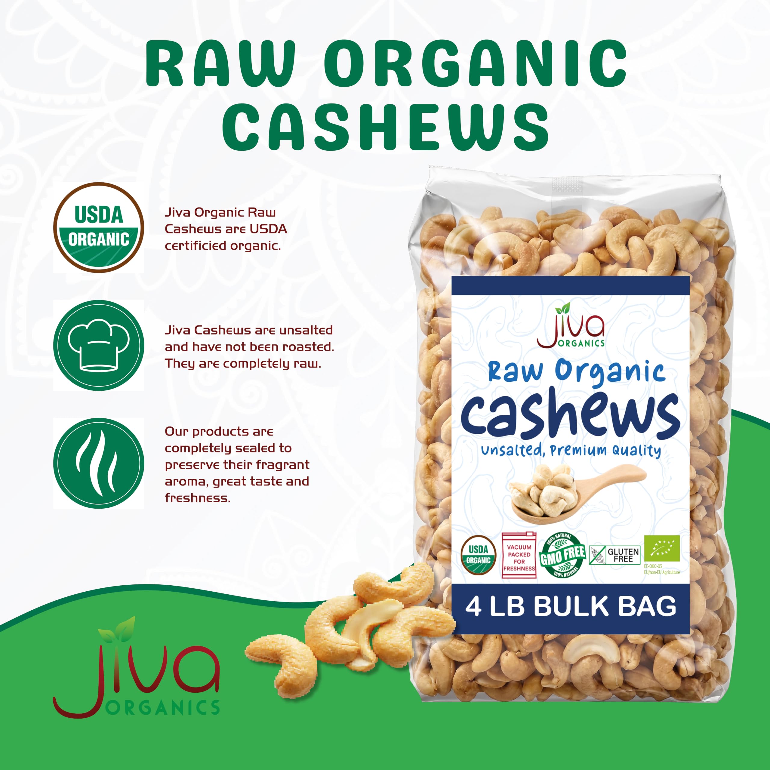 Jiva Organics raw cashews close-up highlighting whole nut quality benefit