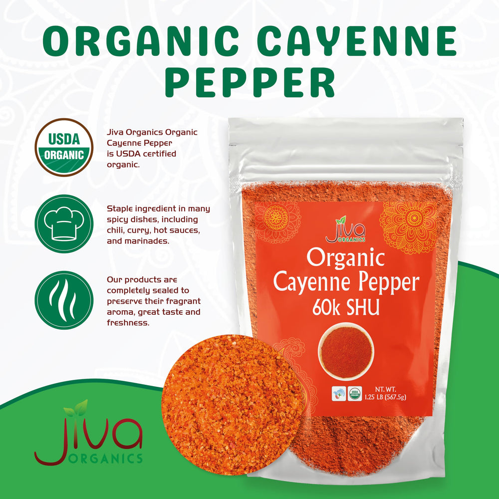 Jiva Organics close-up of cayenne powder texture highlighting fine grind for smooth blending