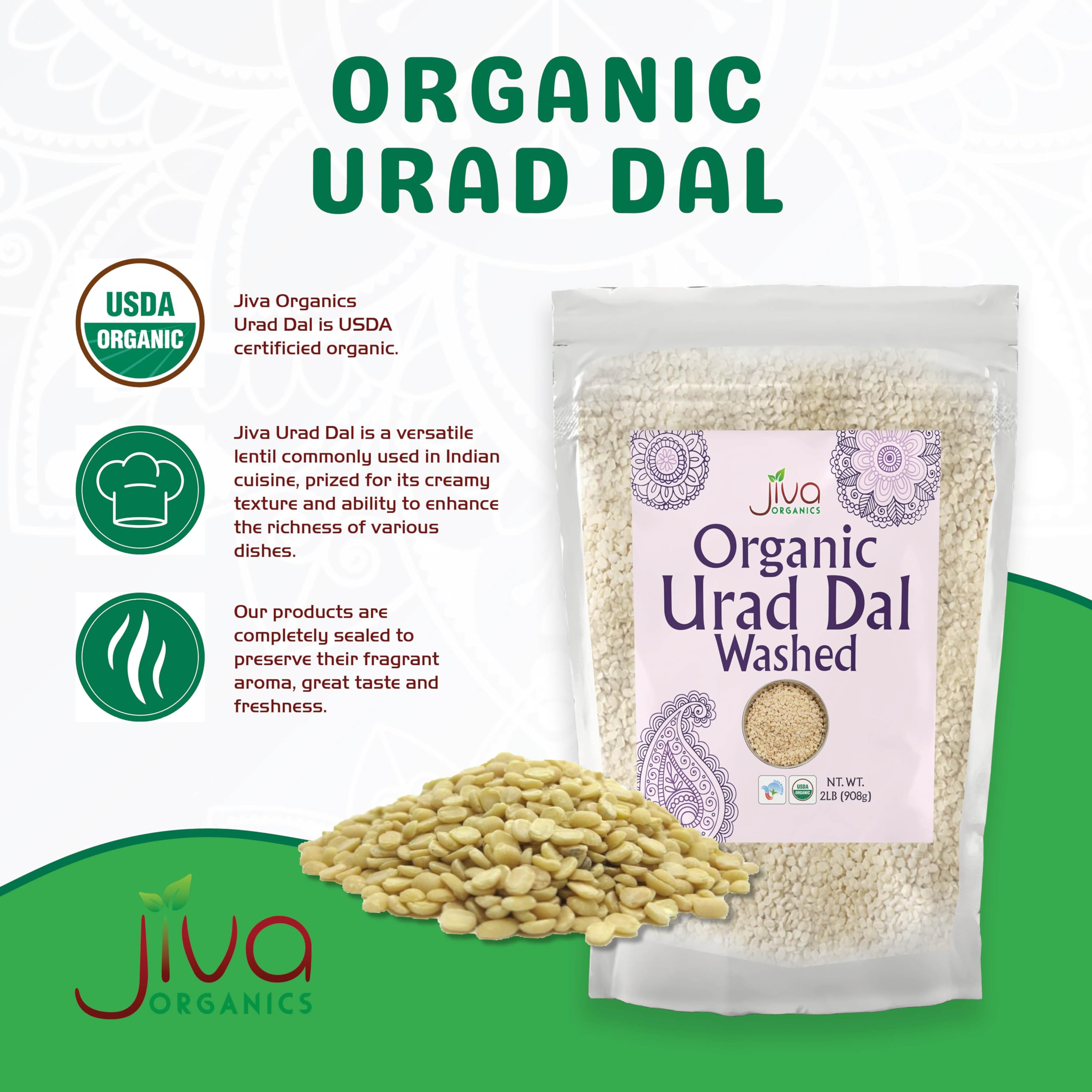 Close up of split urad dal texture from Jiva Organics highlighting cooking consistency