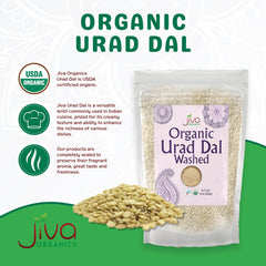 Close up of split urad dal texture from Jiva Organics highlighting cooking consistency