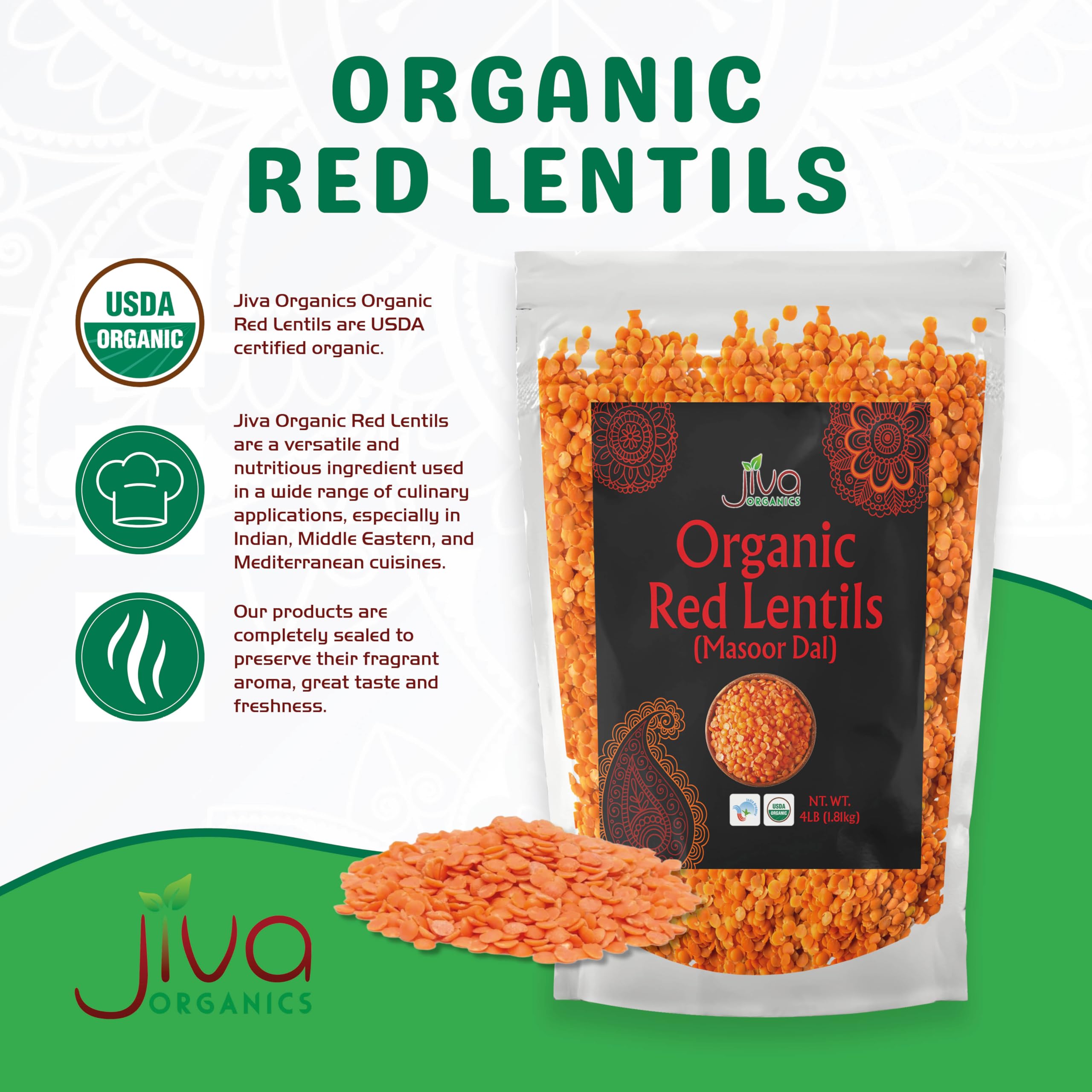Jiva Organics close-up of split red lentils texture and quick-cook benefit