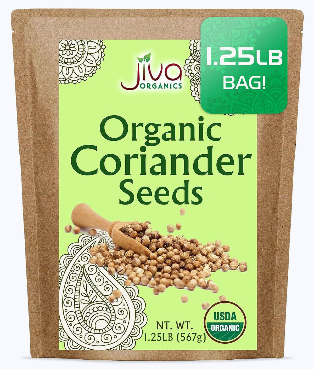 jiva organics bag front view showing bulk coriander seeds and value