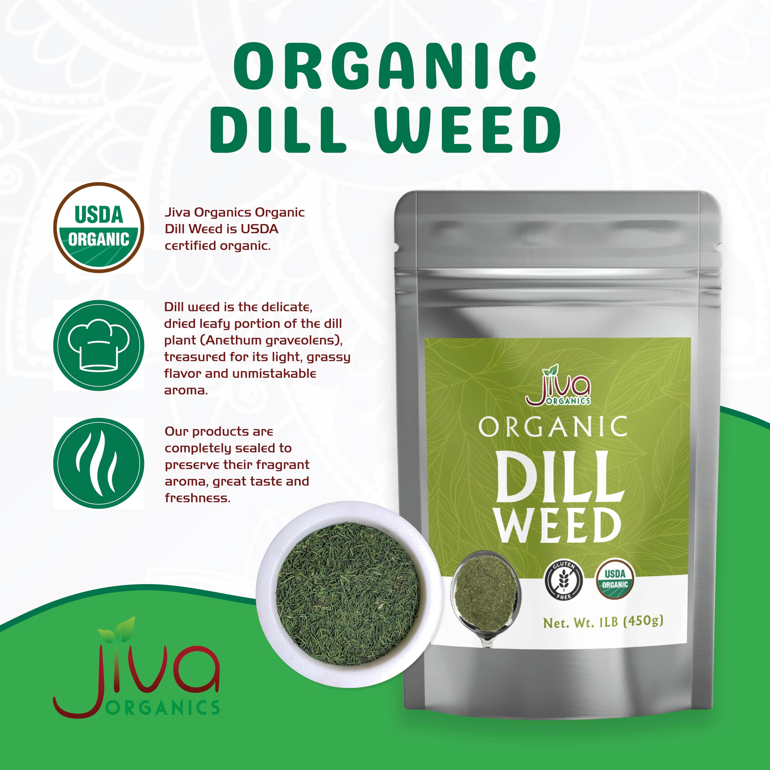 Jiva Organics spoonful of dill illustrating portion control and concentrated flavor benefit