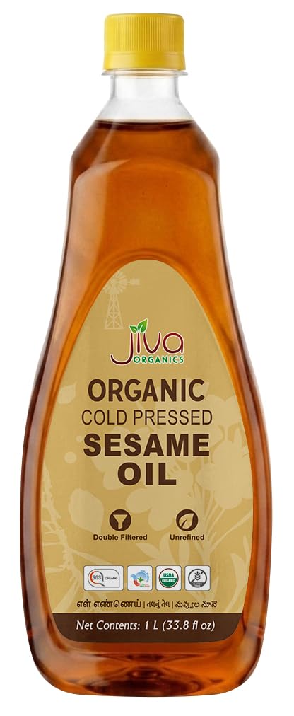 Jiva Organics front label showing 1L bottle and organic certification benefit