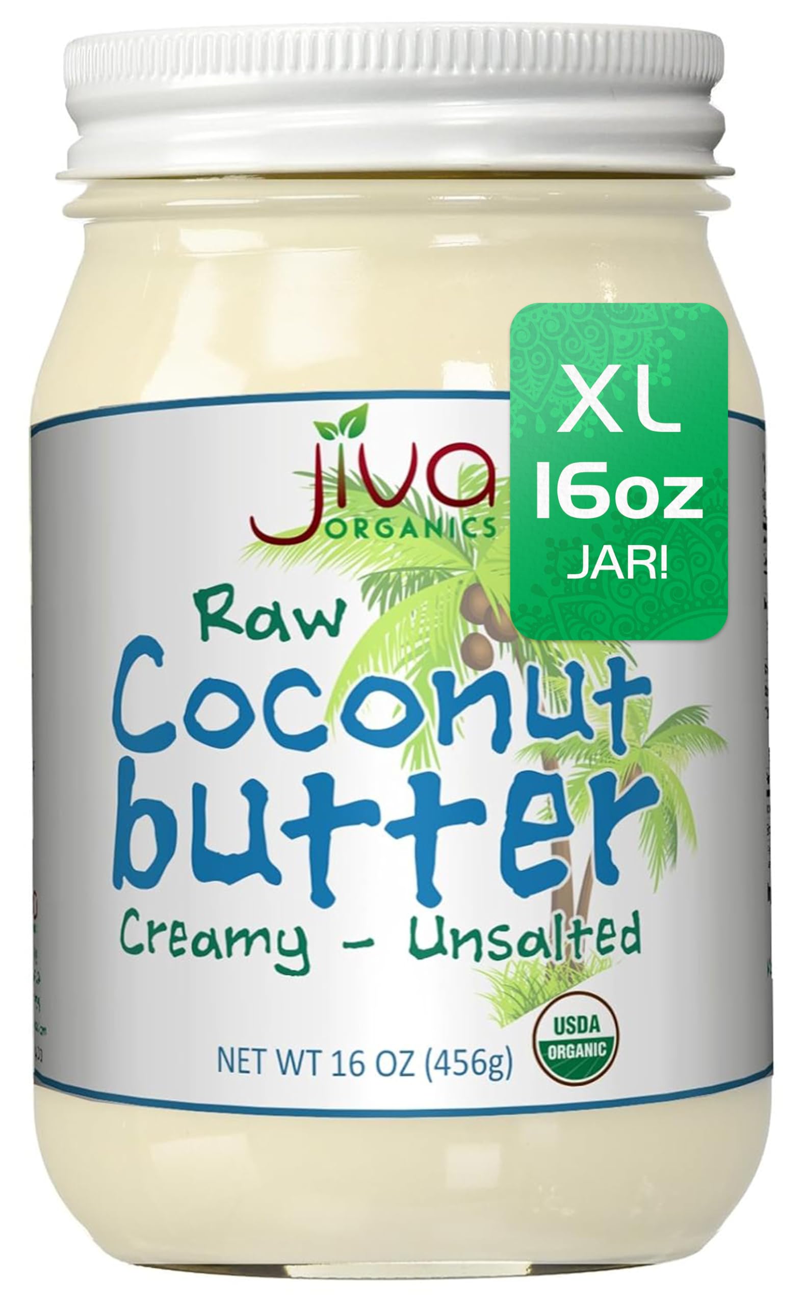Jiva Organics front jar showing label and 16 oz size and pure organic appeal