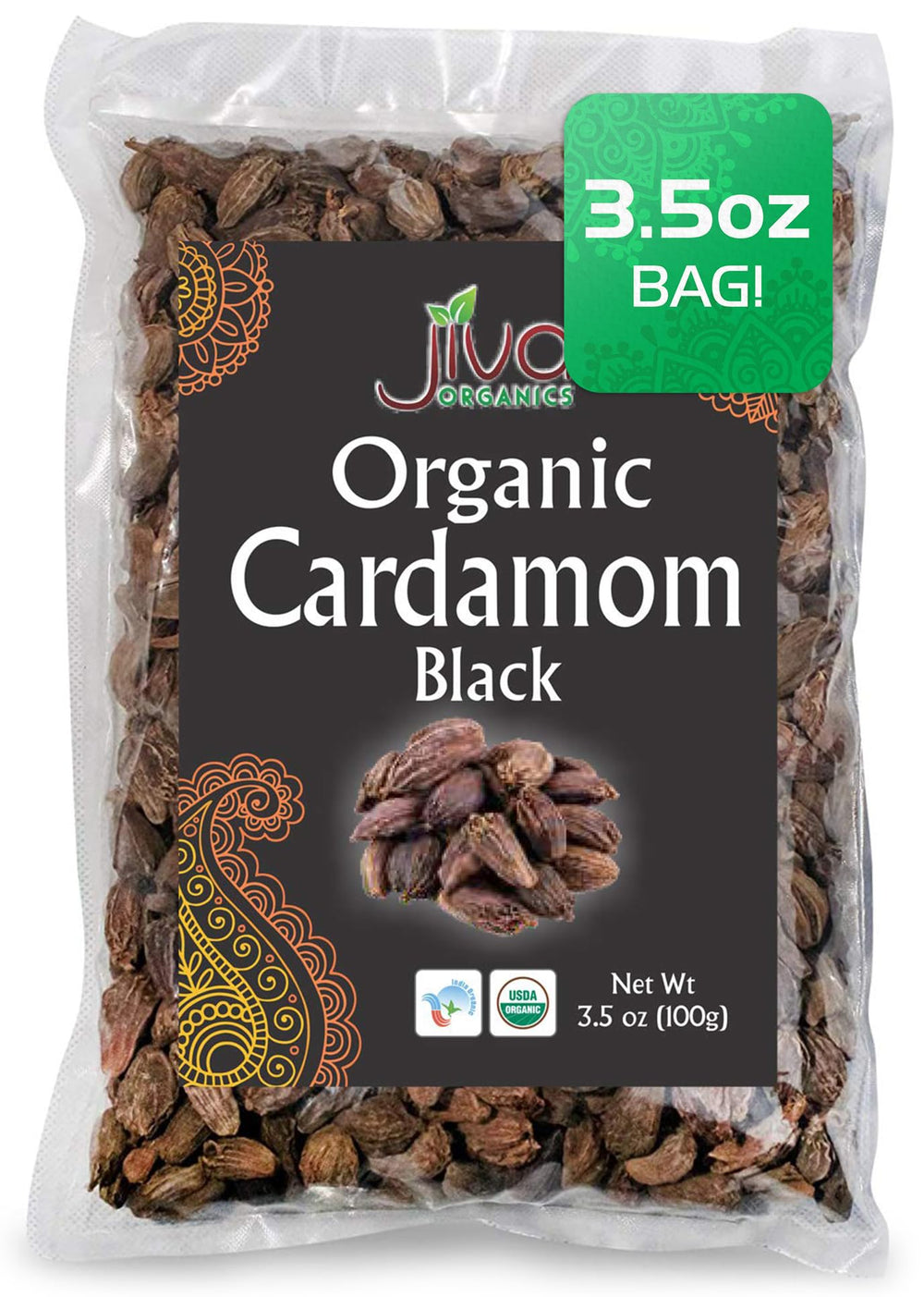 Jiva Organics front package showing organic black cardamom freshness