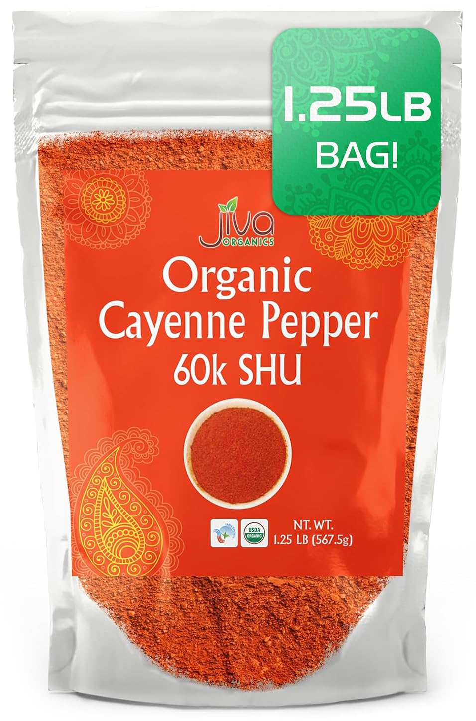Jiva Organics front packaging showing 1.25 lb bag and vivid red color benefits clear labeling