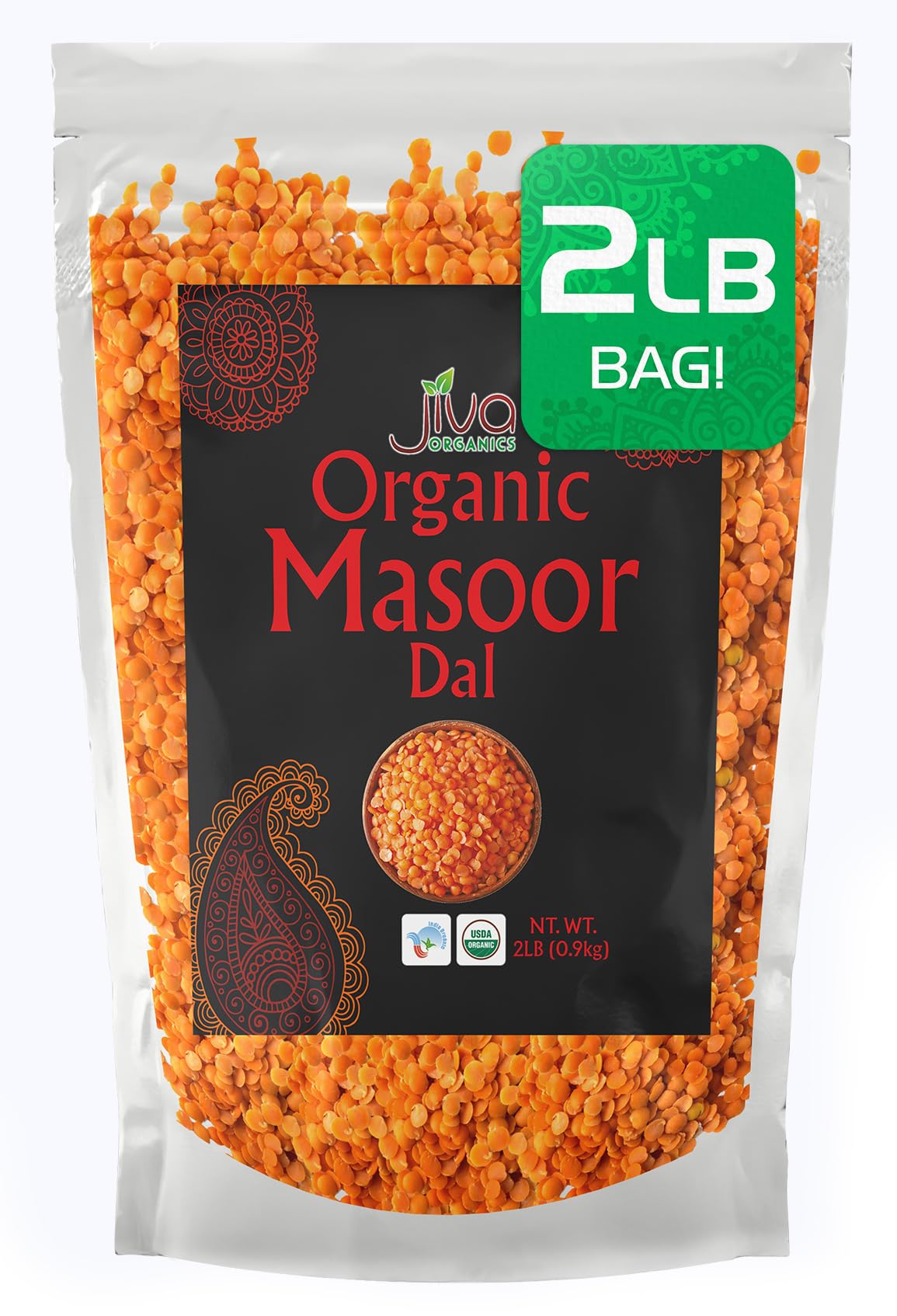 Jiva Organics front packaging showing organic 2-pound masoor dal benefits