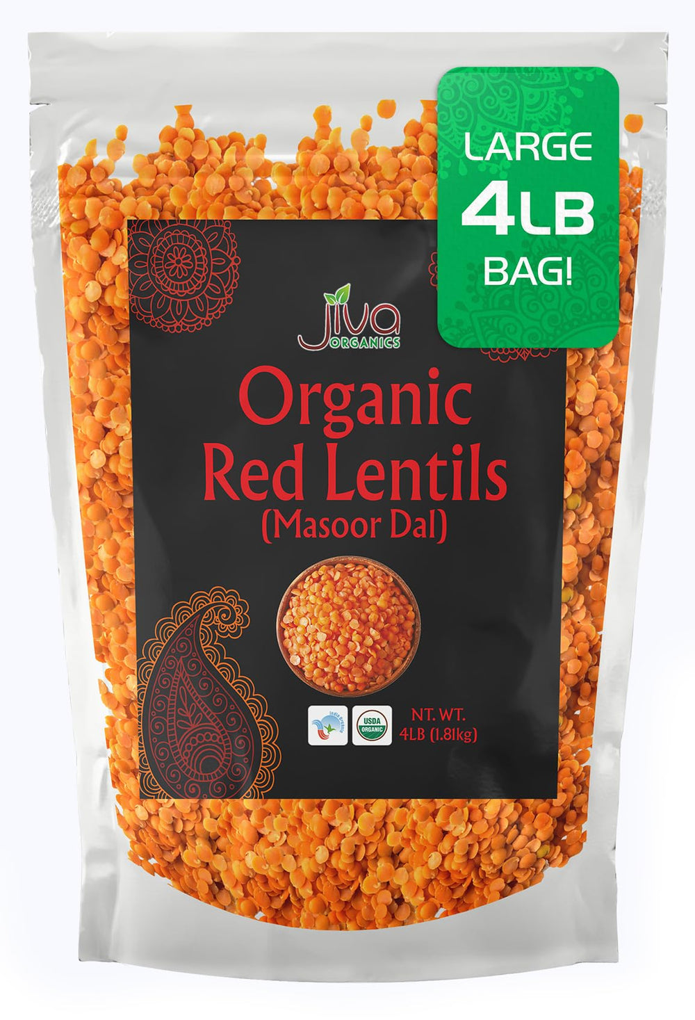 Jiva Organics front packaging showing 4 lb bag and organic benefit